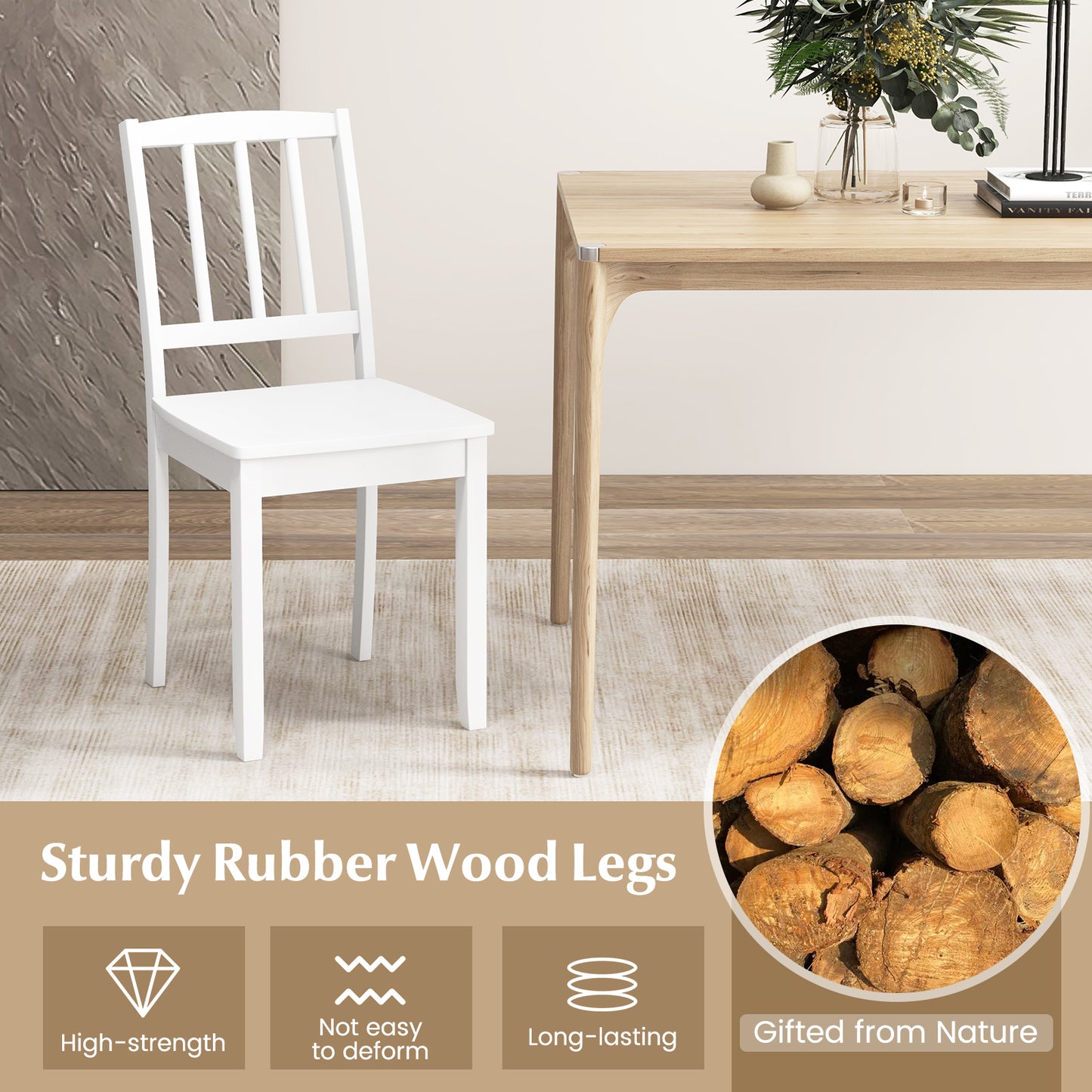 Rubber Wood Dining Chairs Set of 2 with Curved Back