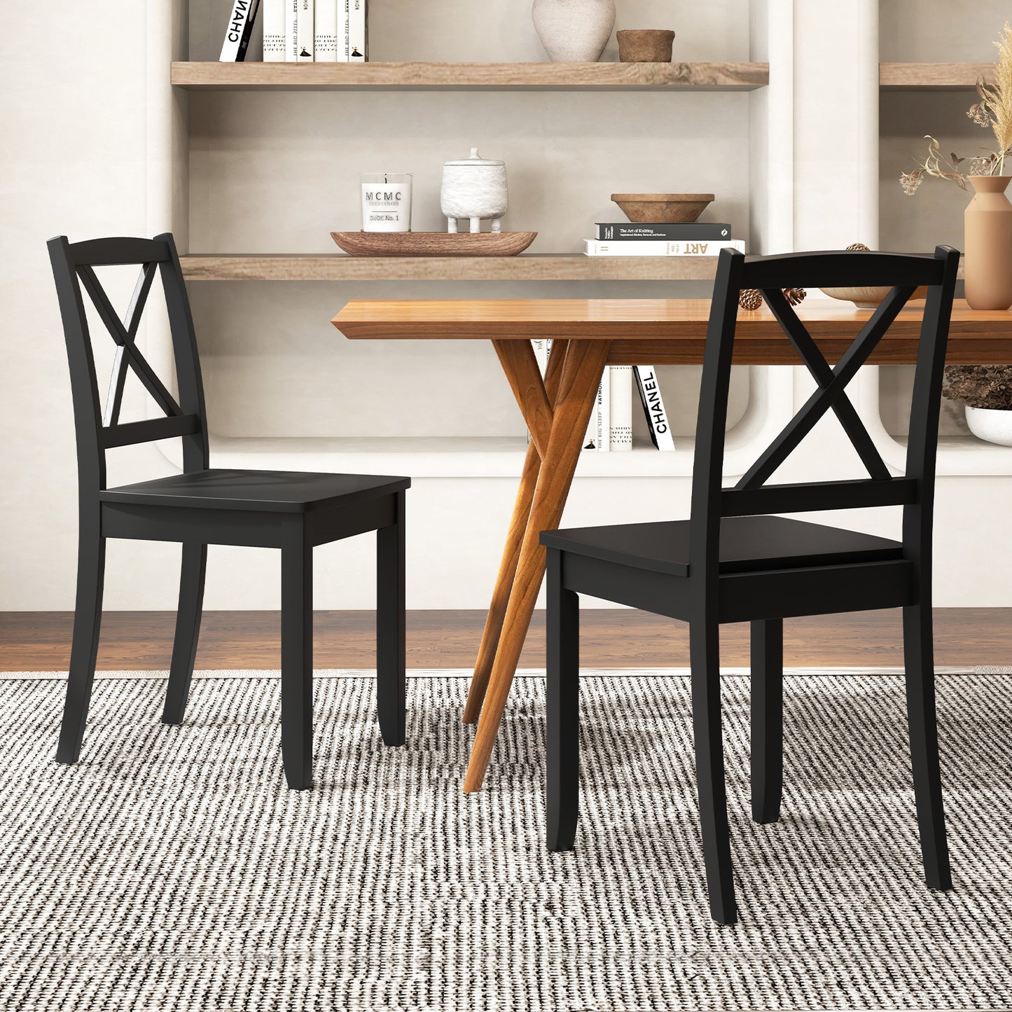 Dining Chairs Set of 2 with Curved Backrest and Rubber Wood Legs