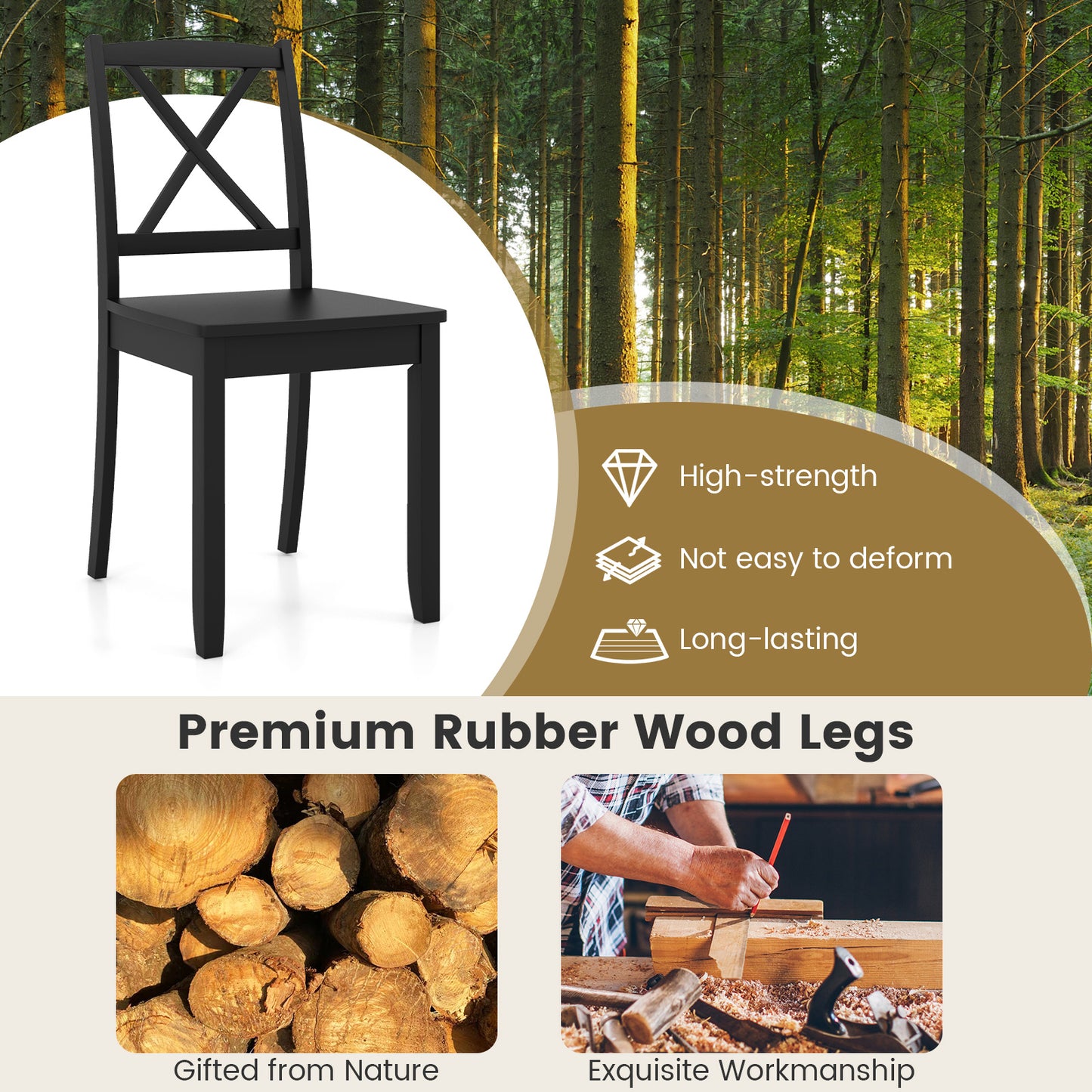 Dining Chairs Set of 2 with Curved Backrest and Rubber Wood Legs