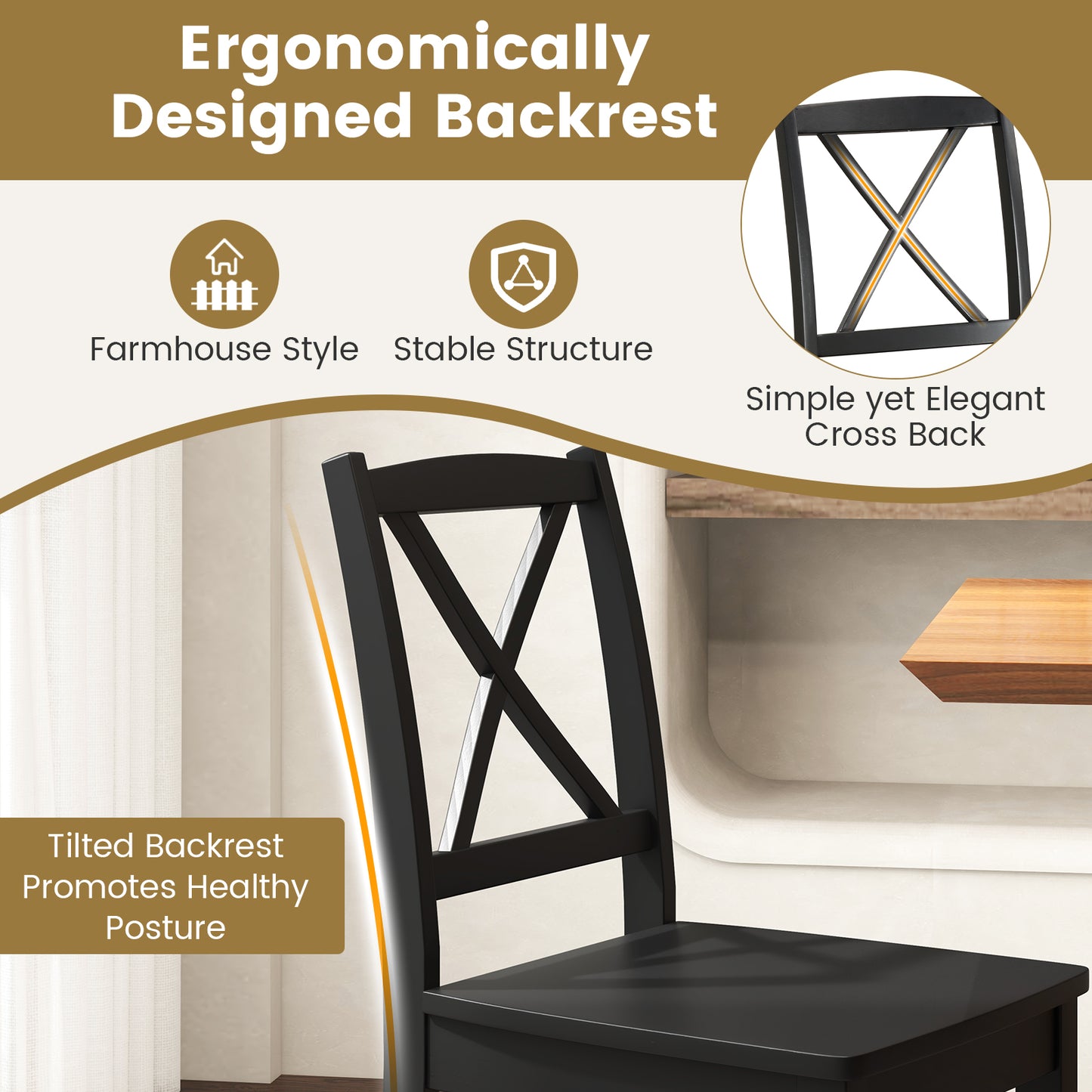 Dining Chairs Set of 2 with Curved Backrest and Rubber Wood Legs