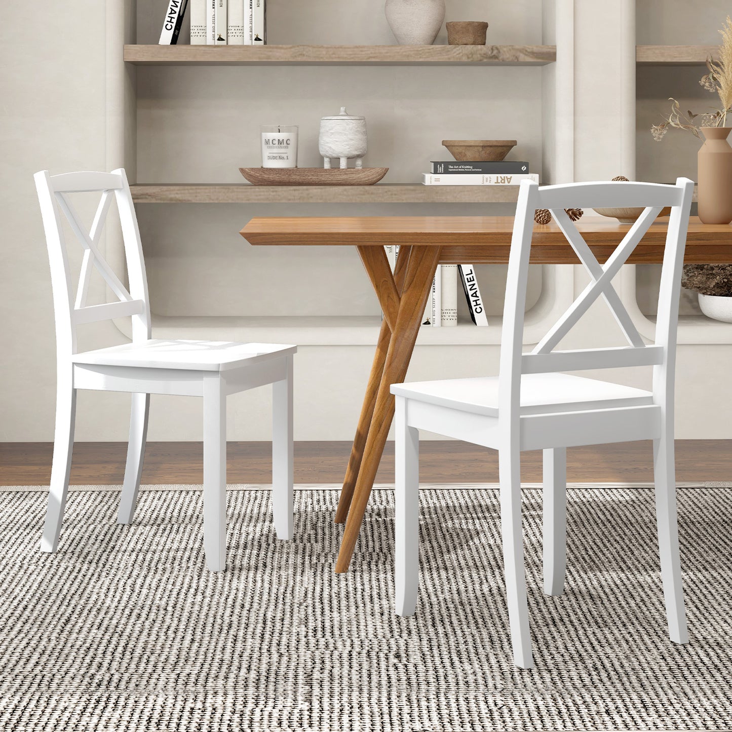 Dining Chairs Set of 2 with Curved Backrest and Rubber Wood Legs