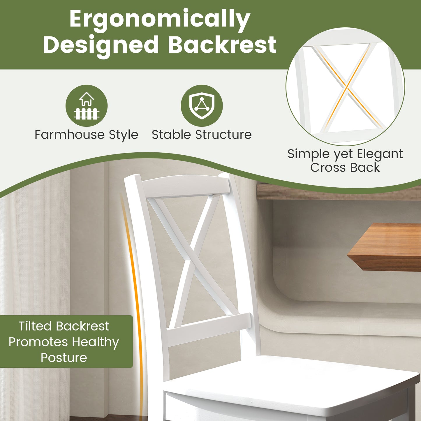 Dining Chairs Set of 2 with Curved Backrest and Rubber Wood Legs