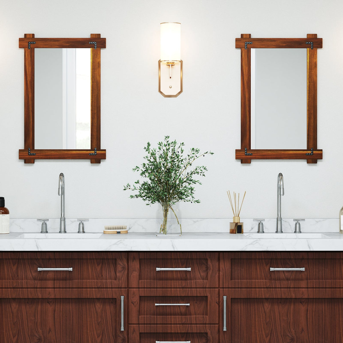 Wood Framed Mirror with Acacia Wood Frame and Vintage Rivet Design Brown