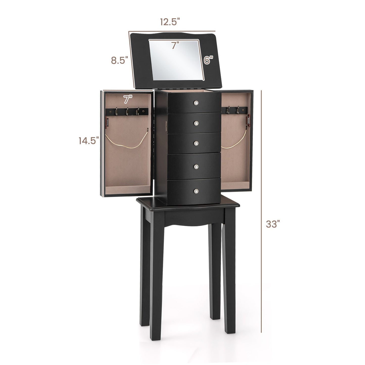 Jewelry Armoire with Top Flip Mirror and 4 Drawers