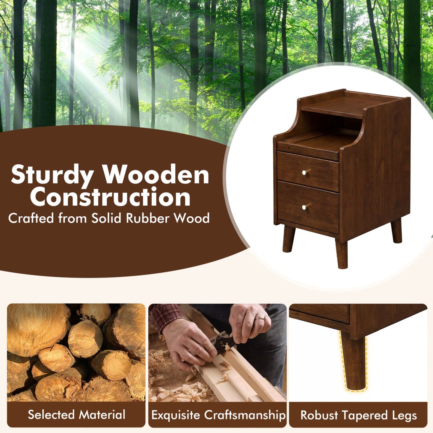Wood Nightstand Set of 2 with Drawers and Solid Wood Legs