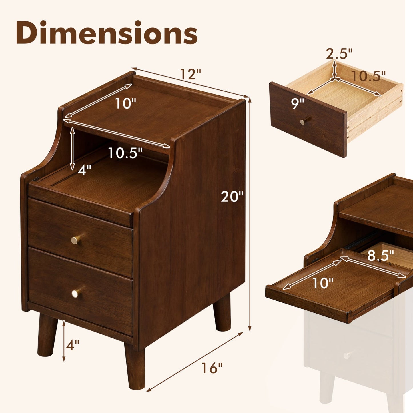 Wood Nightstand with Drawers and Solid Wood Legs for Bedroom