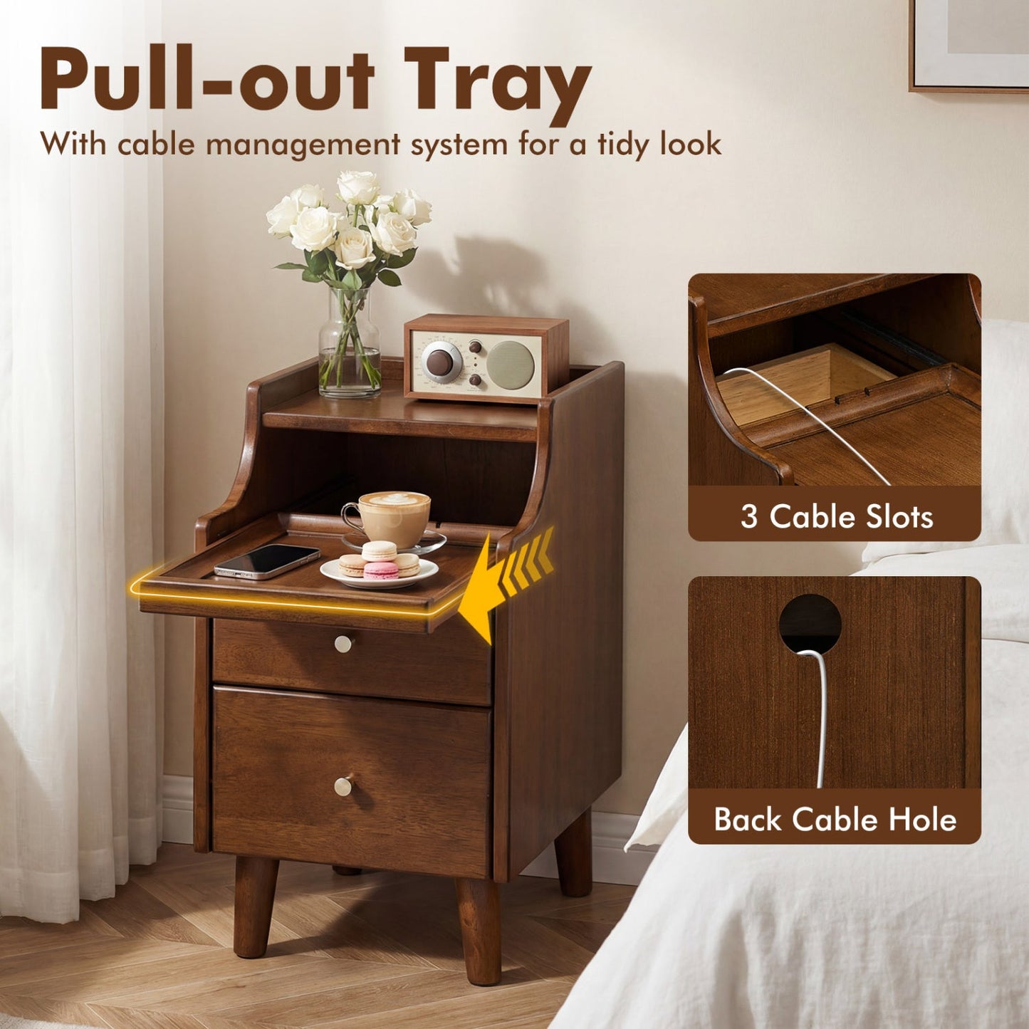 Wood Nightstand with Drawers and Solid Wood Legs for Bedroom