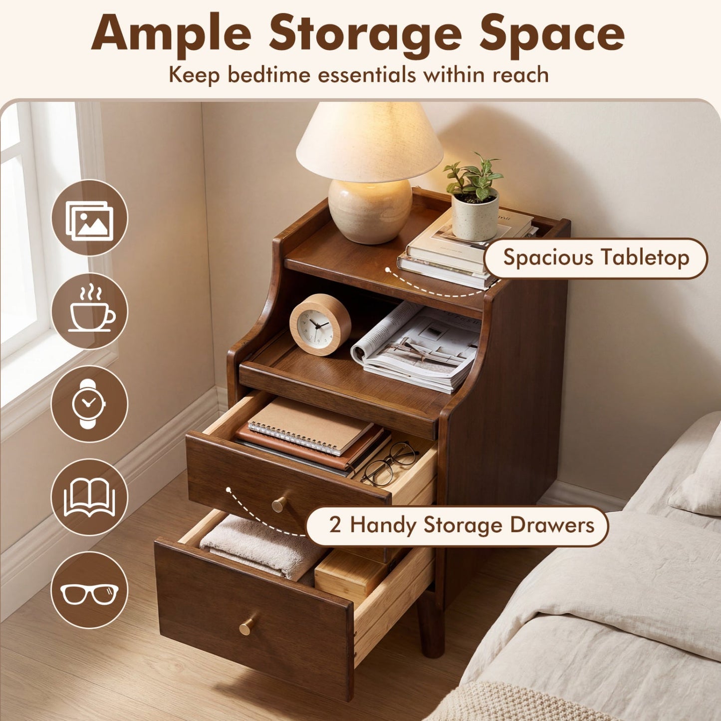 Wood Nightstand with Drawers and Solid Wood Legs for Bedroom