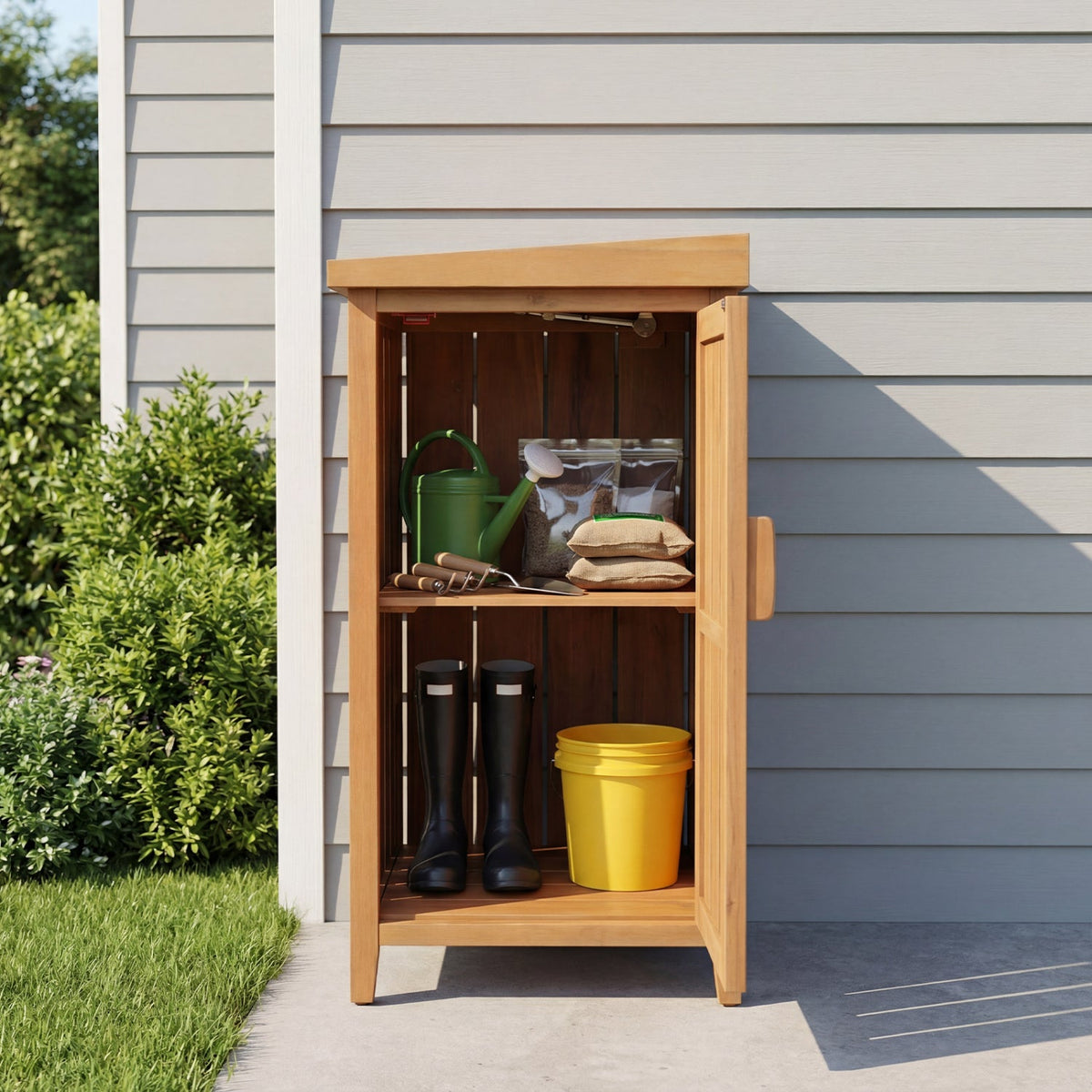 Wood Package Delivery Box with Openable Lid and Removable Shelf for Garden