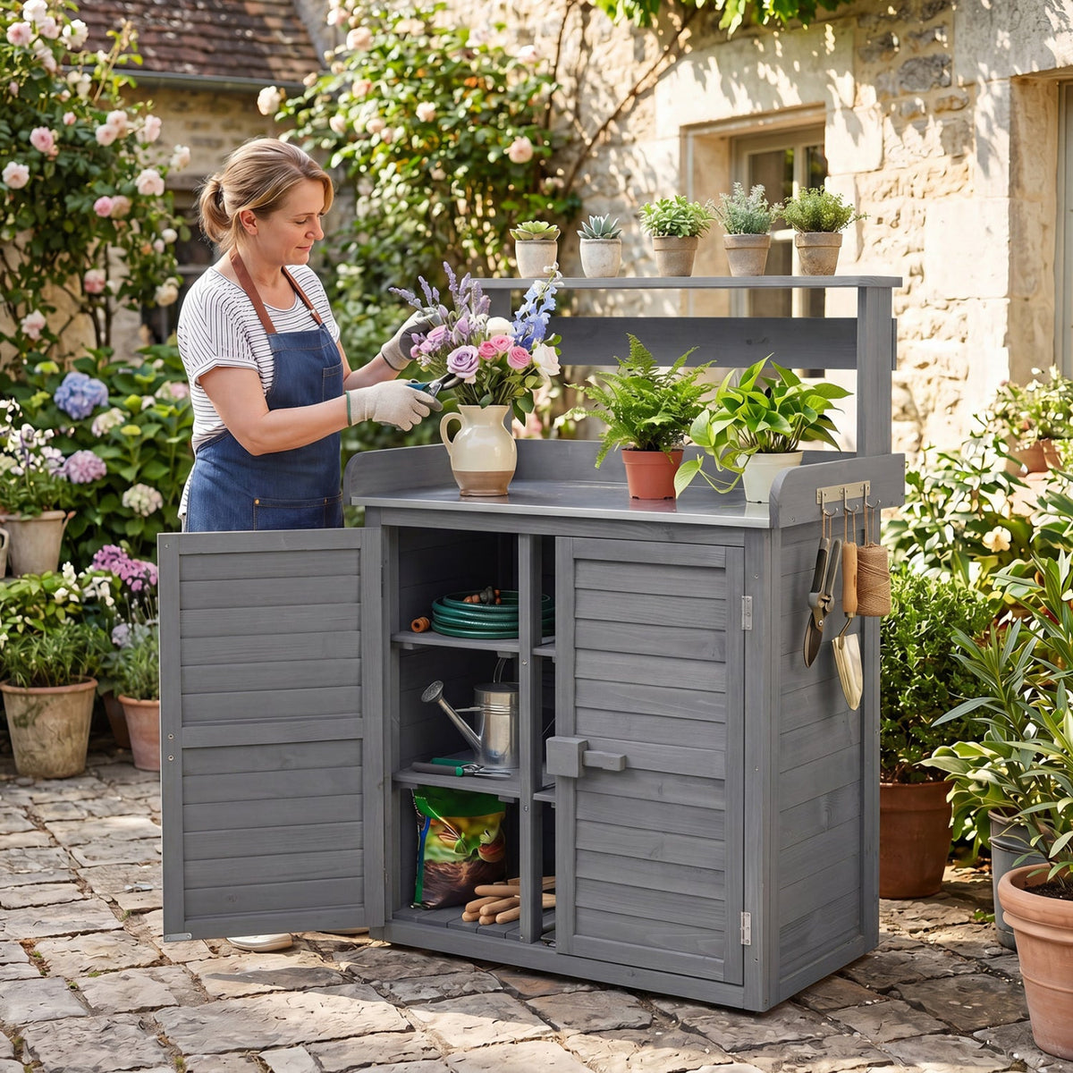 Wood Potting Bench with Stainless Steel Top and Storage