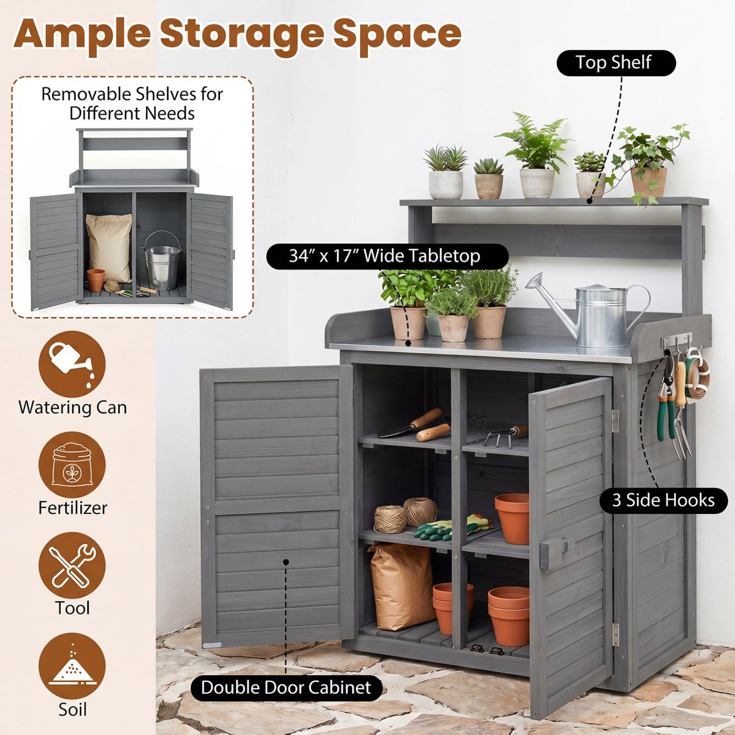 Wood Potting Bench with Stainless Steel Top and Storage