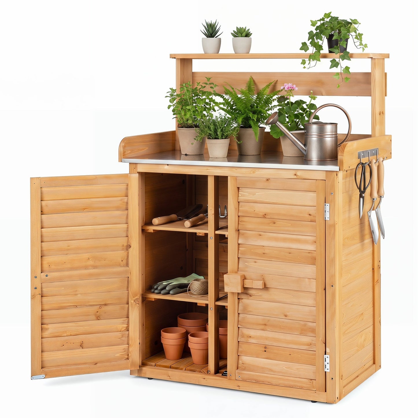 Wood Potting Bench with Stainless Steel Top and Storage