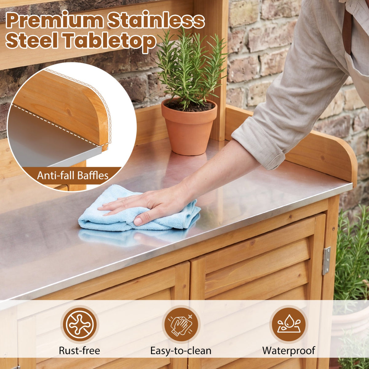Wood Potting Bench with Stainless Steel Top and Storage