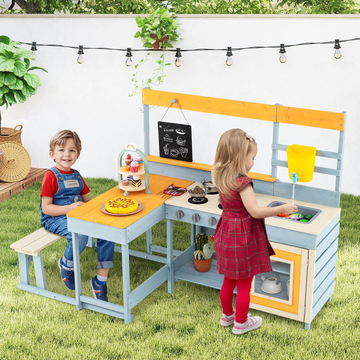 Fir Wood Play Kitchen with Kids Picnic Table and Built-in Bench-Gray