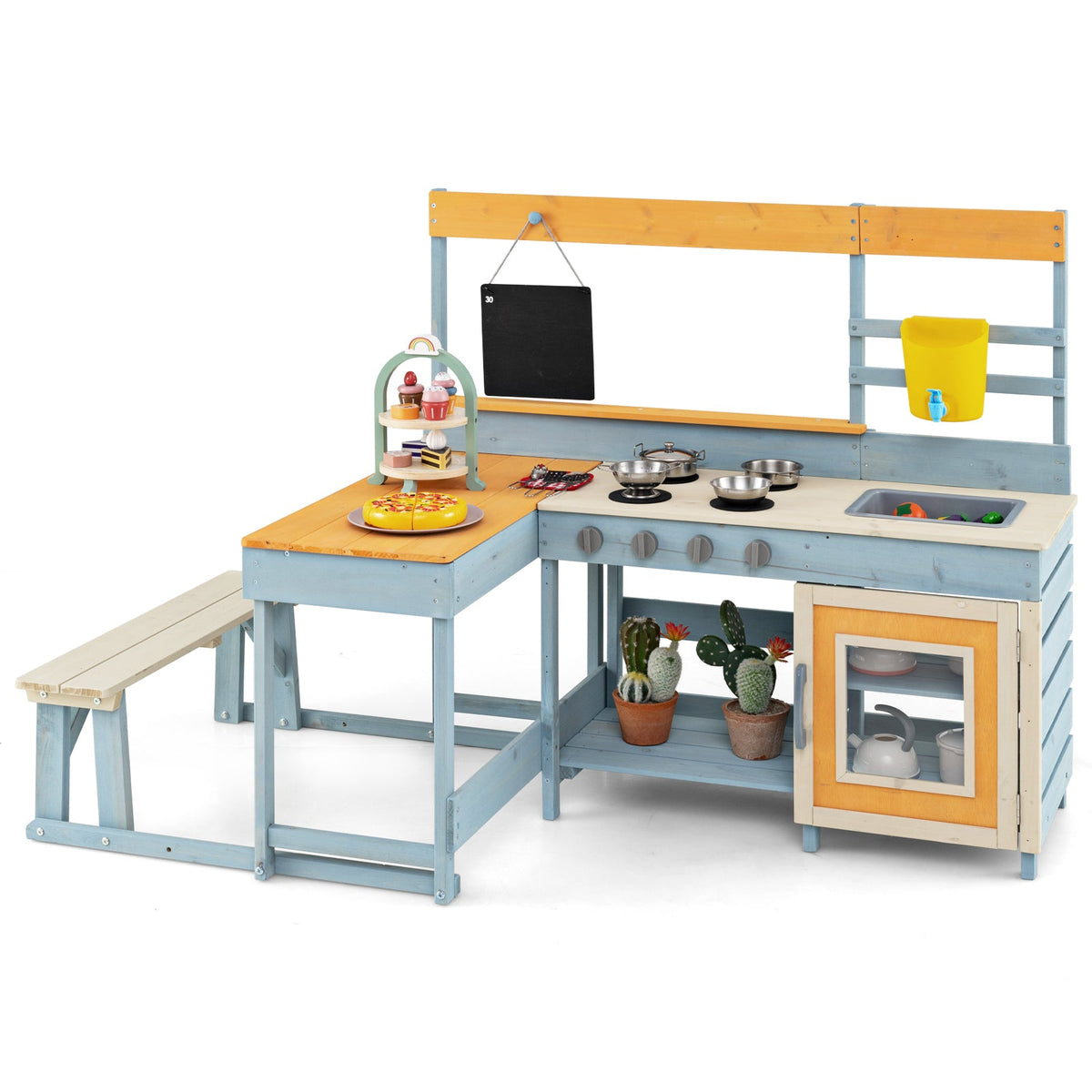 Fir Wood Play Kitchen with Kids Picnic Table and Built-in Bench-Gray