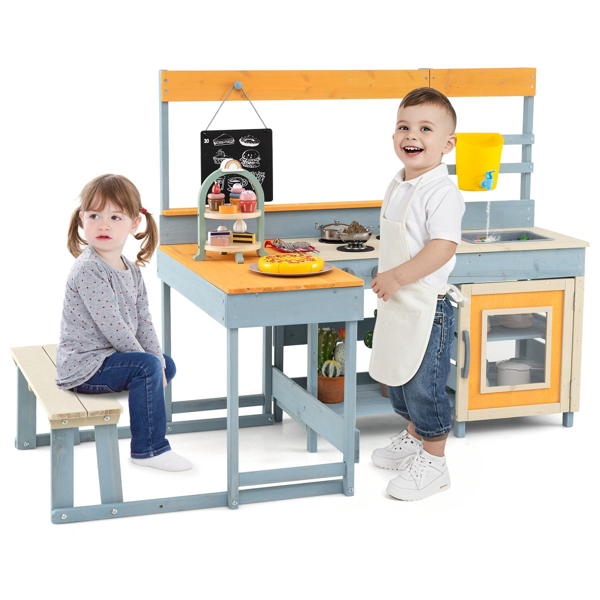 Fir Wood Play Kitchen with Kids Picnic Table and Built-in Bench-Gray