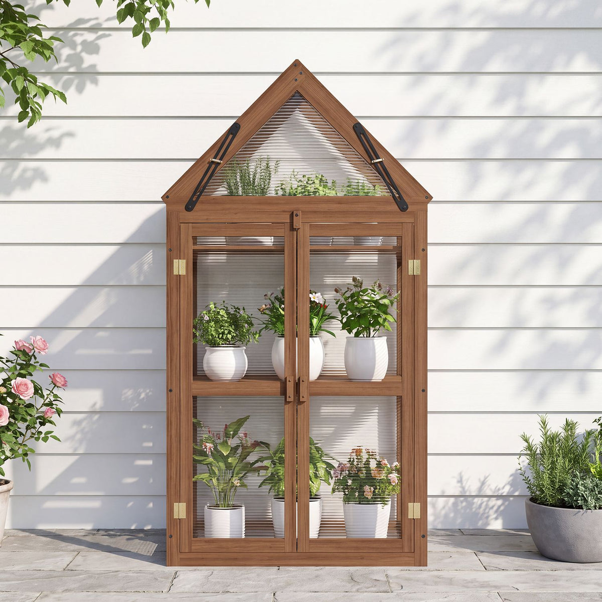 Wood Raised Flower Planter Shelf with Adjustable Shelves-Brown