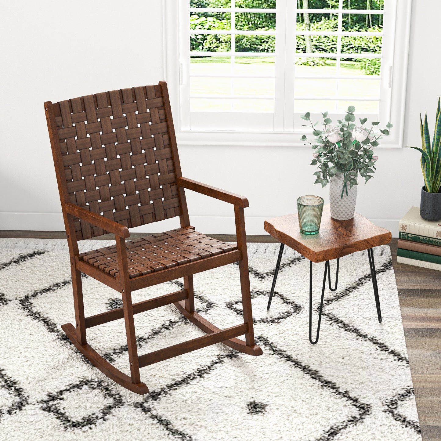 Wood Rocking Chair with PU Leather Seat - Brown