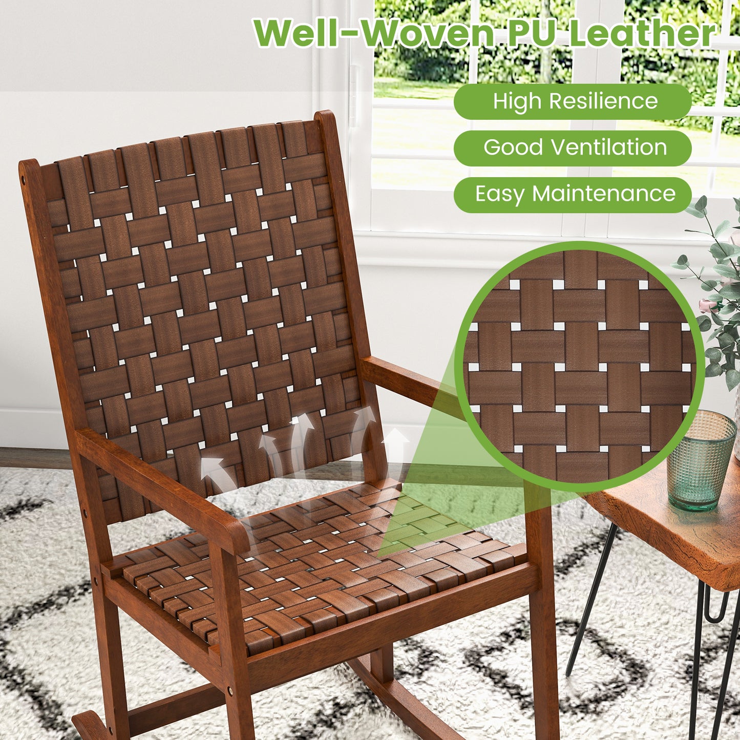Wood Rocking Chair with PU Leather Seat - Brown