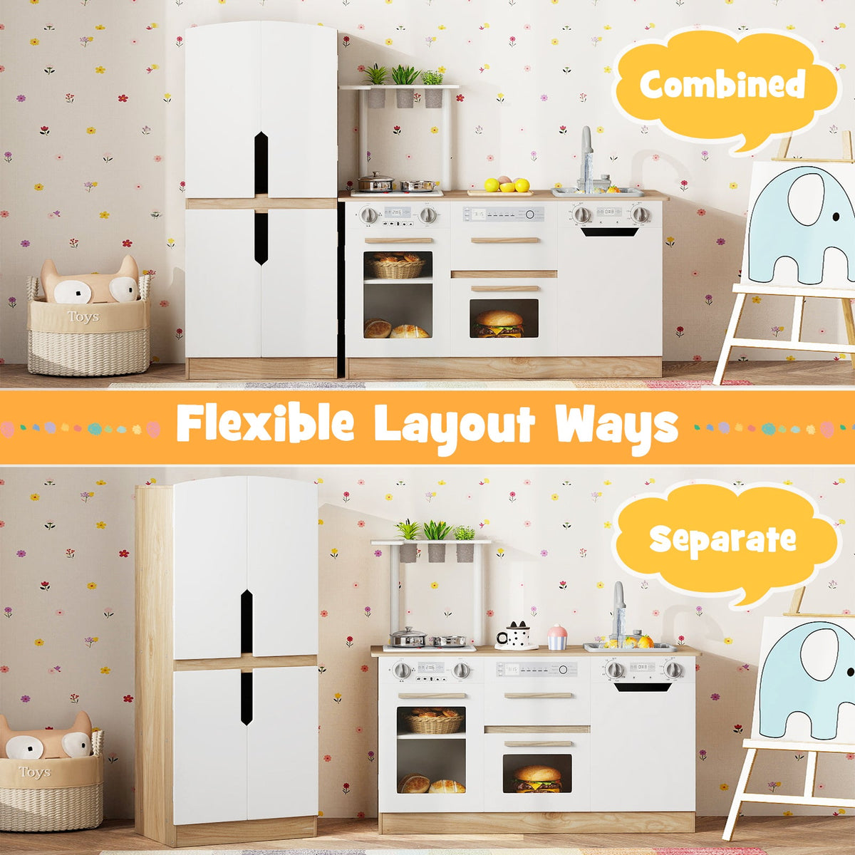 Wooden 2 Piece Kids Kitchen Playset with Fridge and Running Water