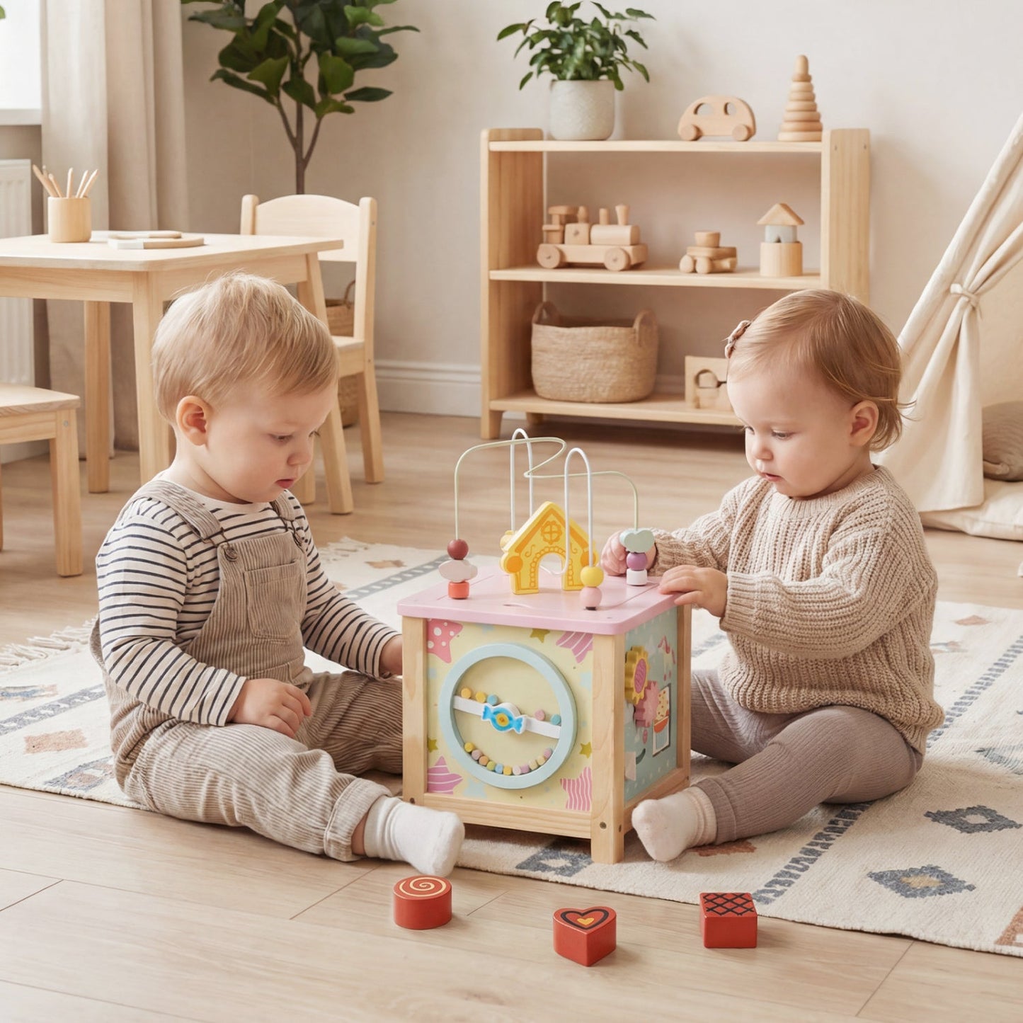 Wooden Activity Cube with Montessori Sensory Toys for Toddlers