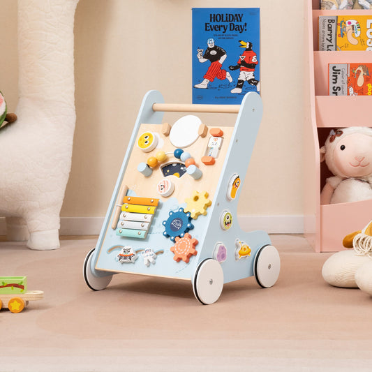 Wooden Baby Walker Push and Pull Learning Activity Center with Wheels for Toddlers 1+ Years Old