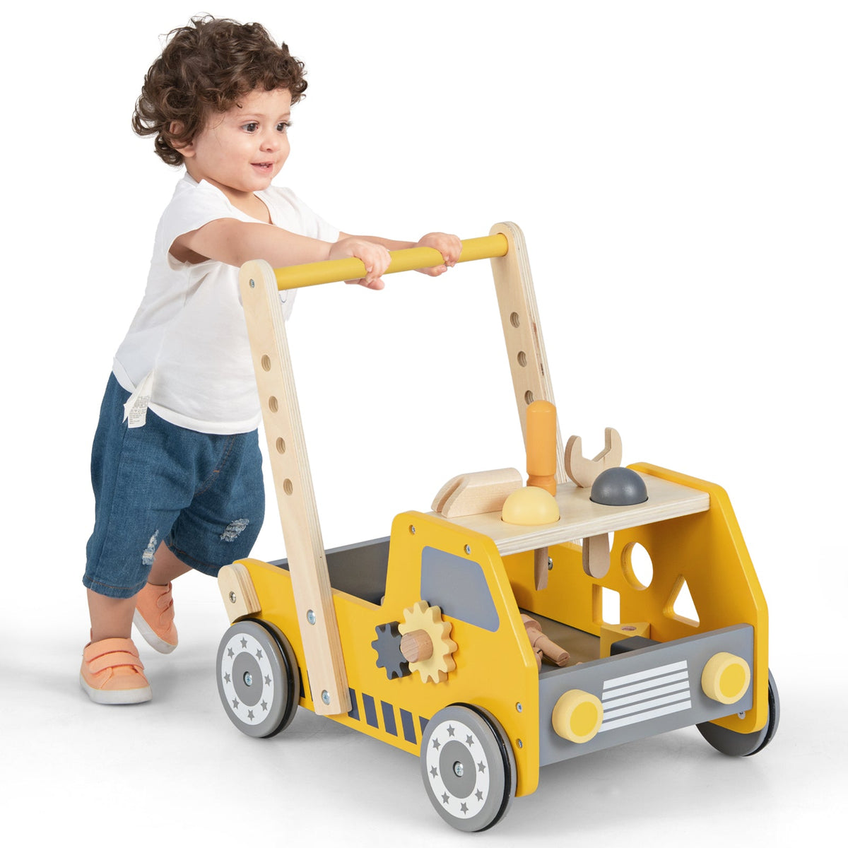 2-in-1 Wooden Baby Walker with Adjustable Speed and Bottom Storage-Yellow