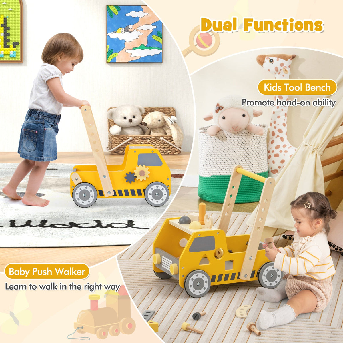 2-in-1 Wooden Baby Walker with Adjustable Speed and Bottom Storage-Yellow