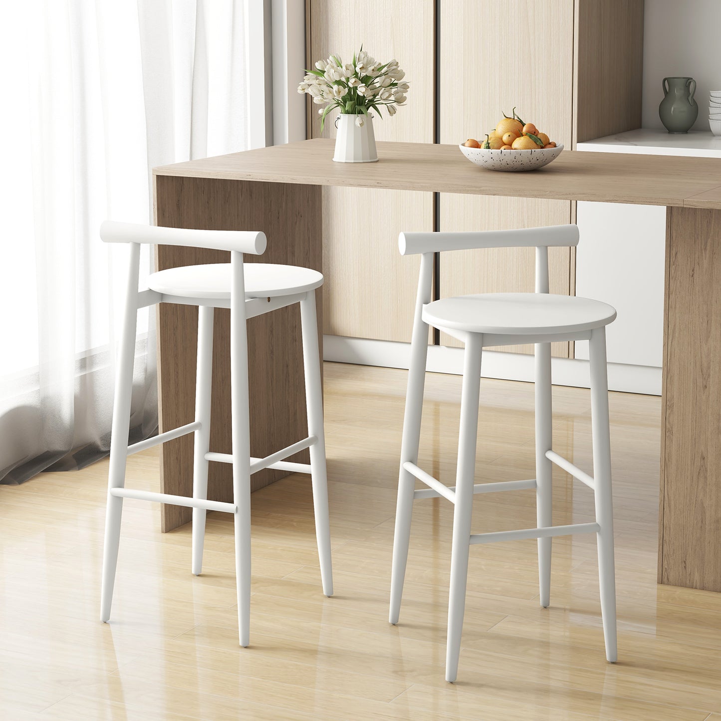 Wooden Bar Stools Set of 2 with Backrest and Footrest