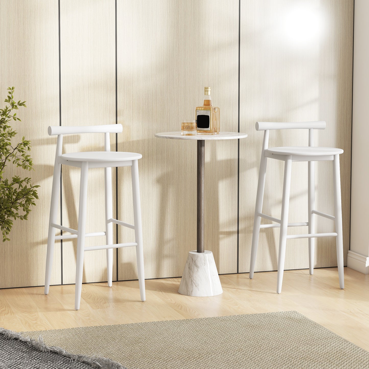 Wooden Bar Stools Set of 2 with Backrest and Footrest
