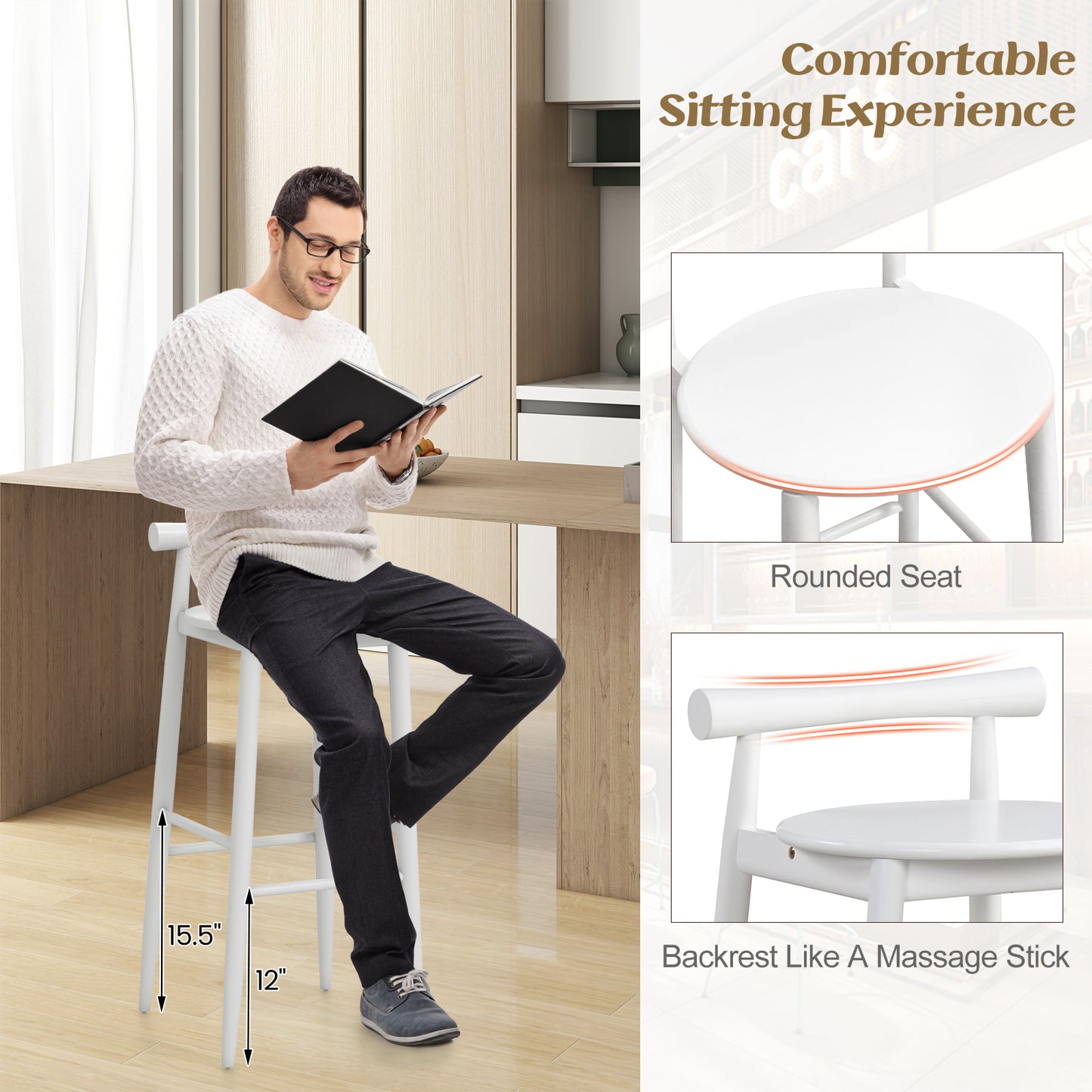 Wooden Bar Stools Set of 2 with Backrest and Footrest