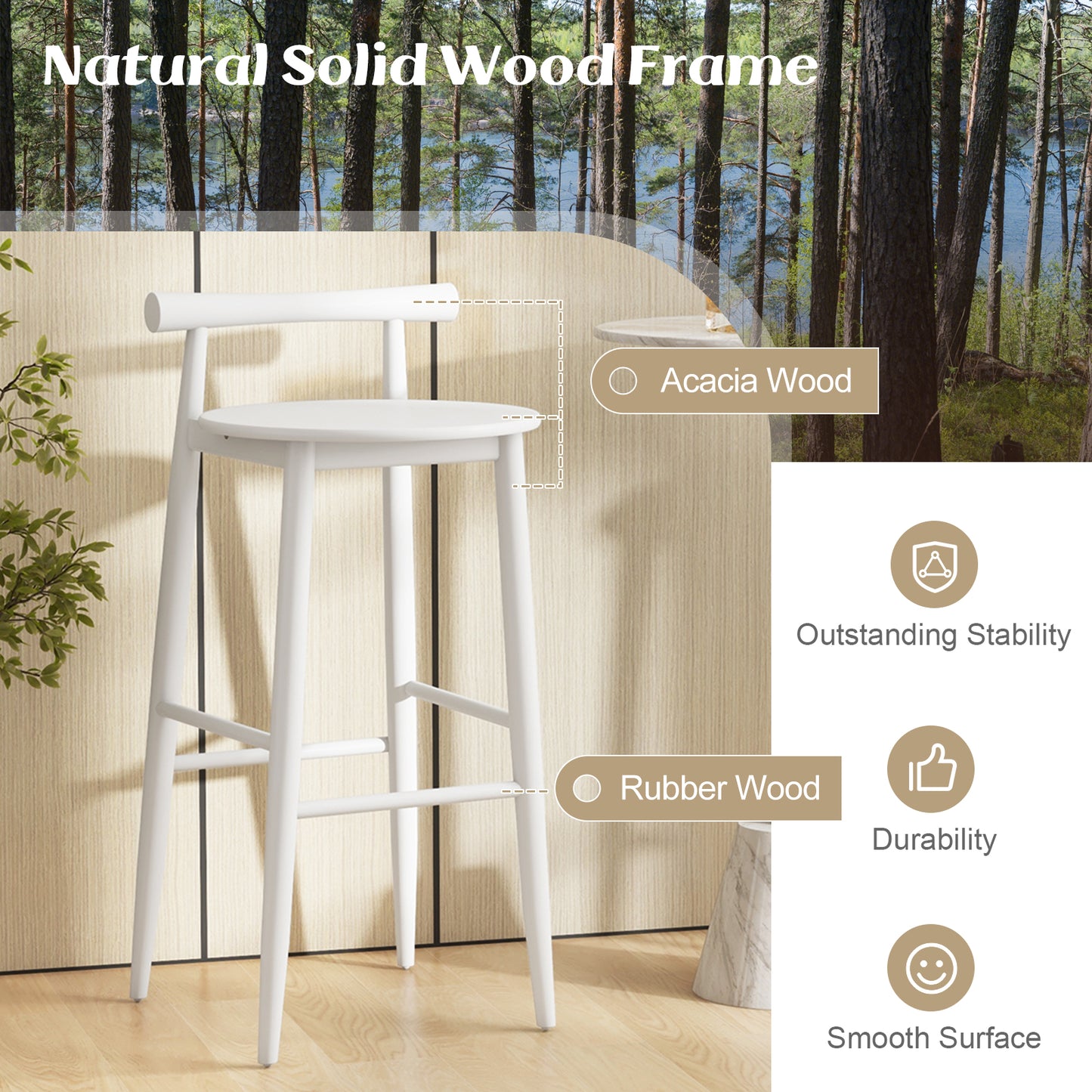 Wooden Bar Stools Set of 2 with Backrest and Footrest