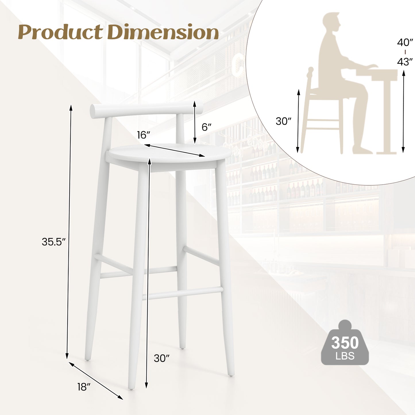 Wooden Bar Stools Set of 2 with Backrest and Footrest