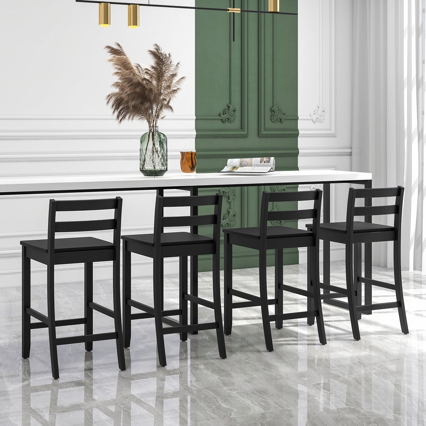 Wooden Bar Stools Set of 2 with Ergonomic Backrest and Footrest