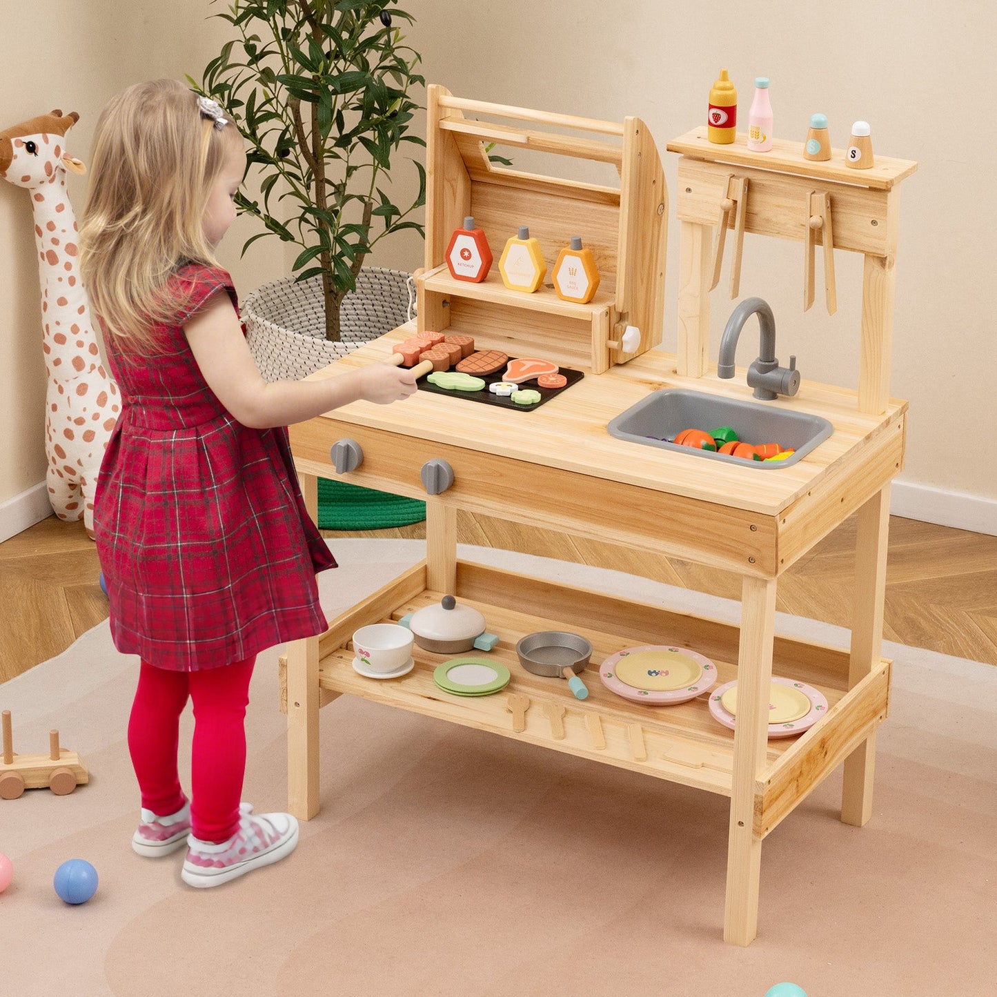 Wooden Barbecue Grill Playset with Play Food and Open Shelves-Natural