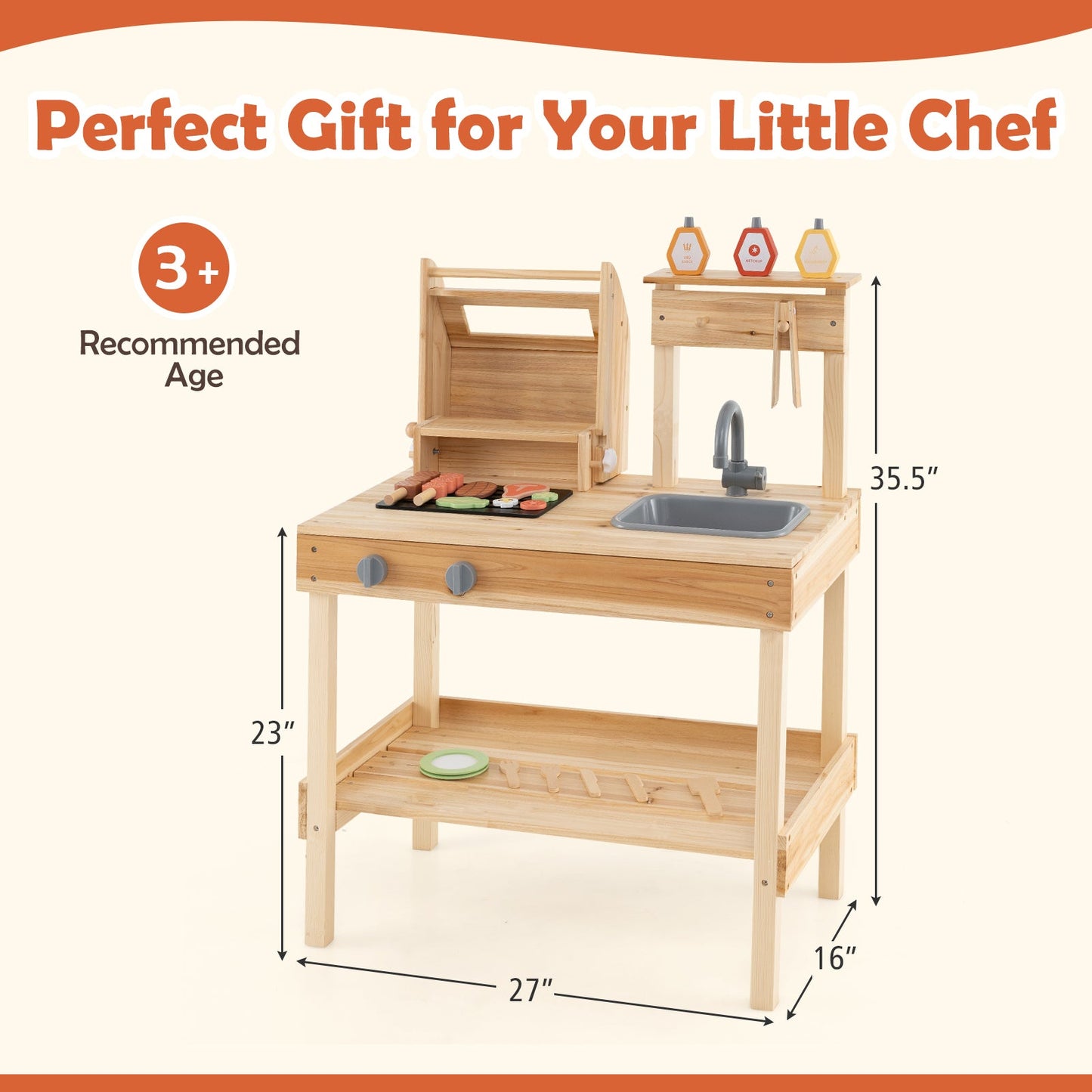 Wooden Barbecue Grill Playset with Play Food and Open Shelves-Natural