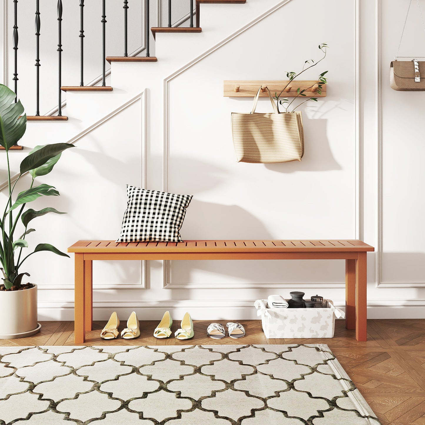 59-Inch Wooden Backless Bench with Teak Oil Finish