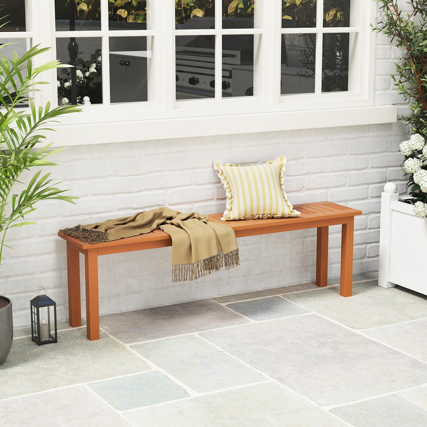 59-Inch Wooden Backless Bench with Teak Oil Finish