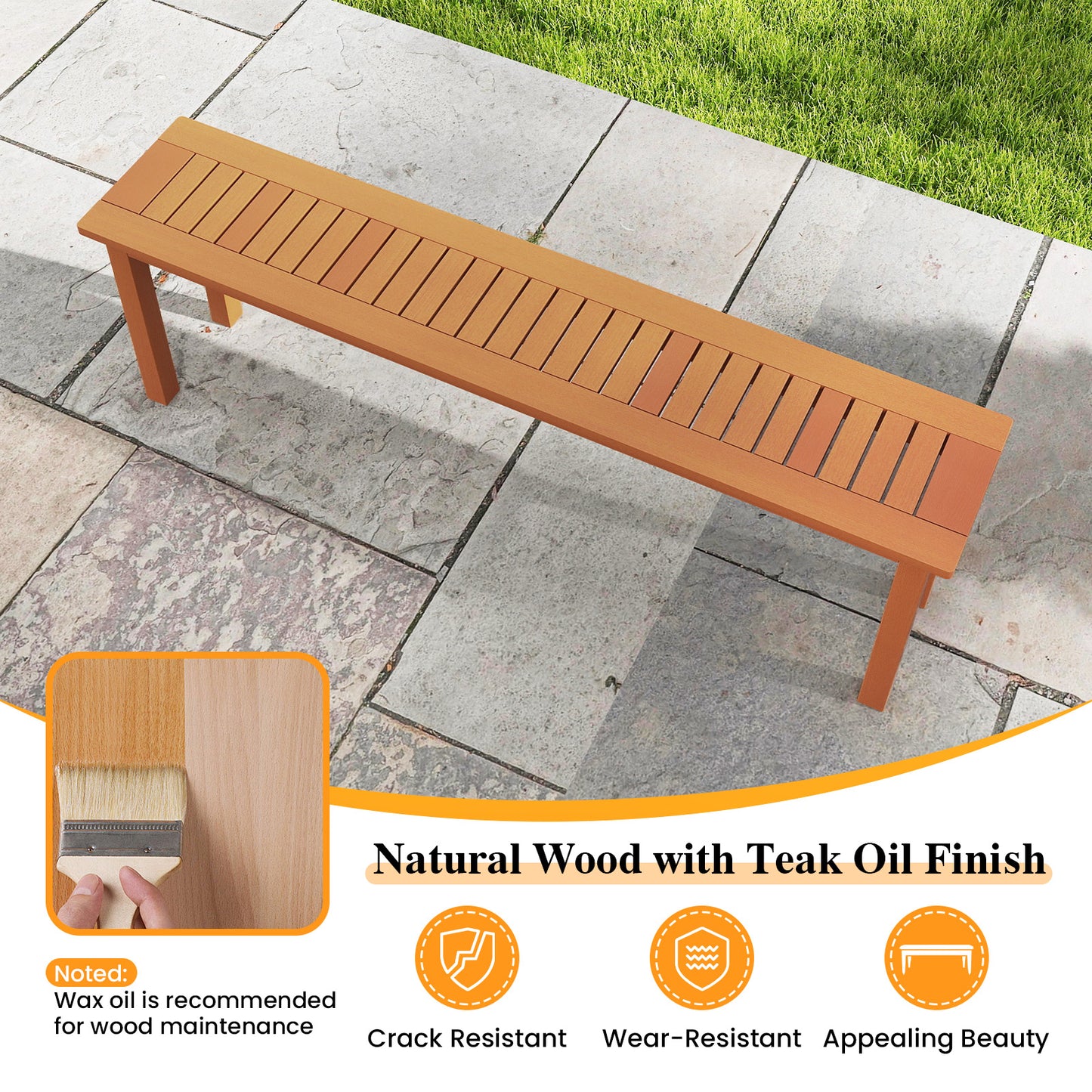 59-Inch Wooden Backless Bench with Teak Oil Finish