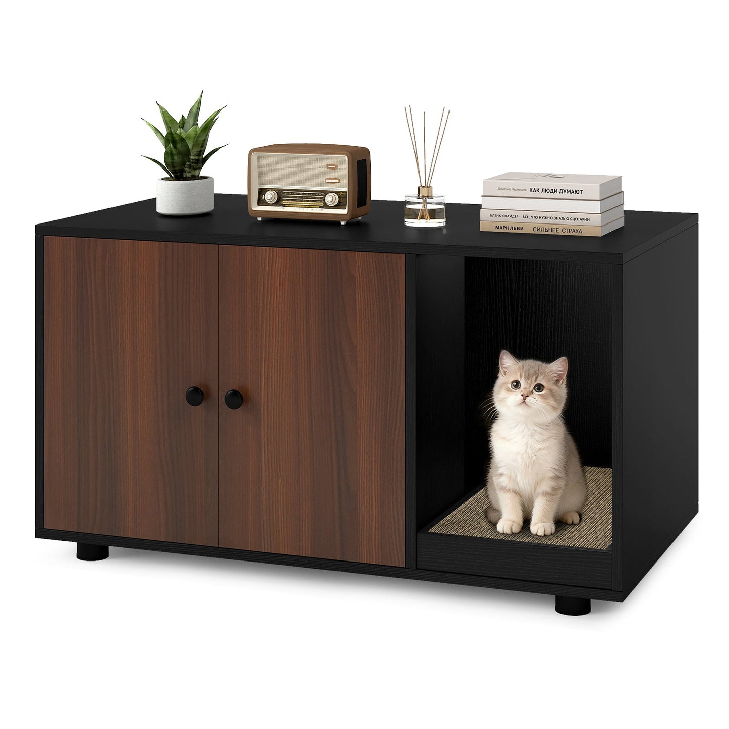 Wooden Cat Litter Box Enclosure Hidden Litter Box Furniture with Scratching Board
