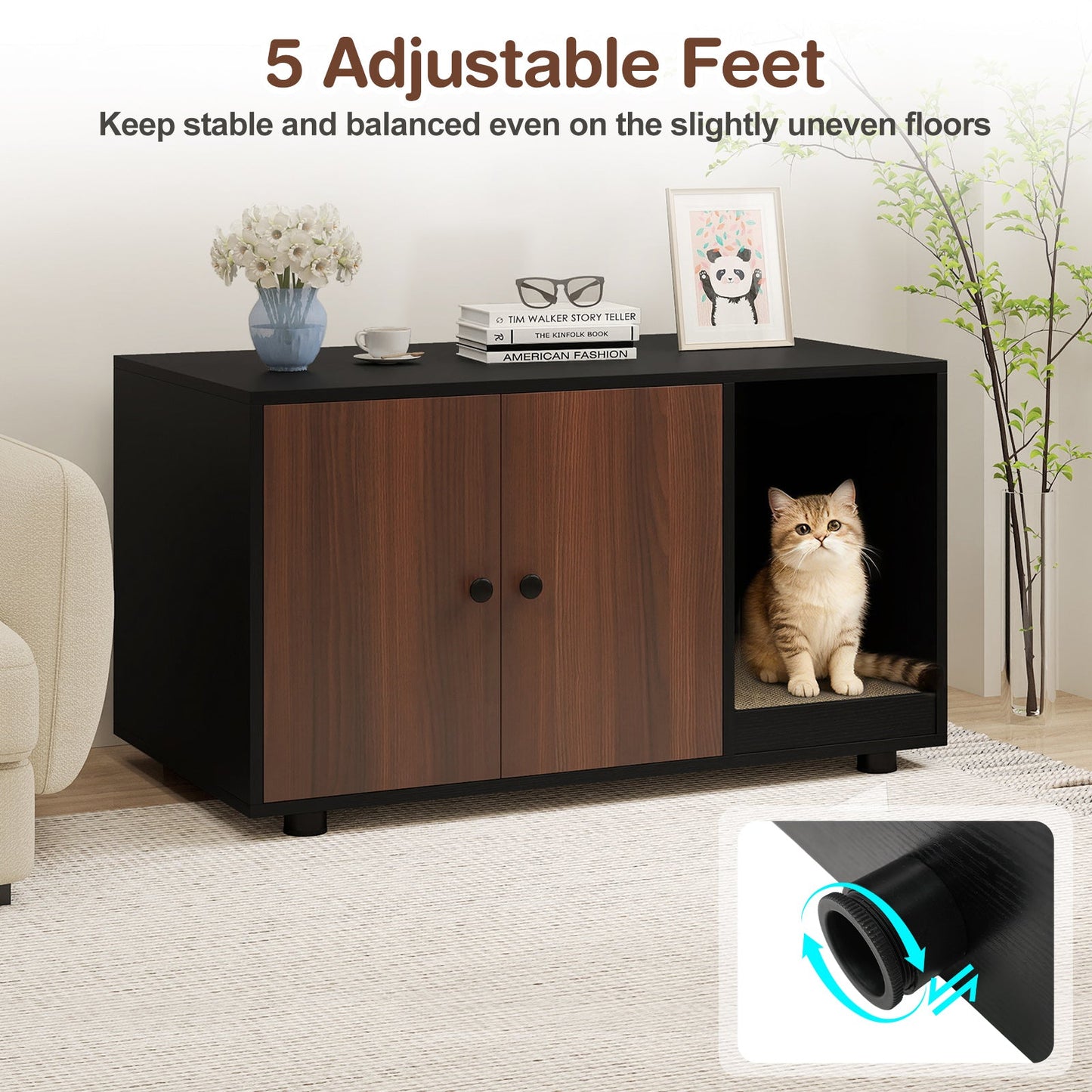 Wooden Cat Litter Box Enclosure Hidden Litter Box Furniture with Scratching Board