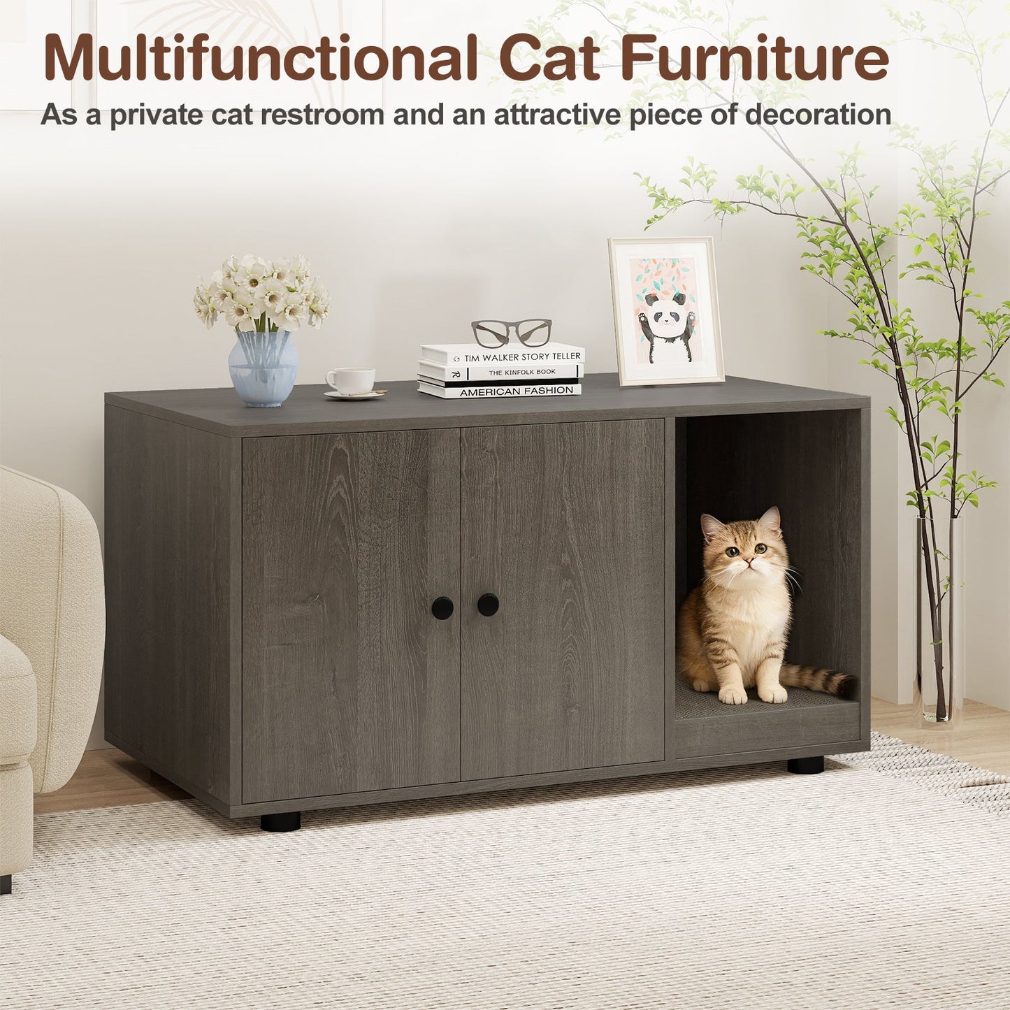 Wooden Cat Litter Box Enclosure Hidden Litter Box Furniture with Scratching Board