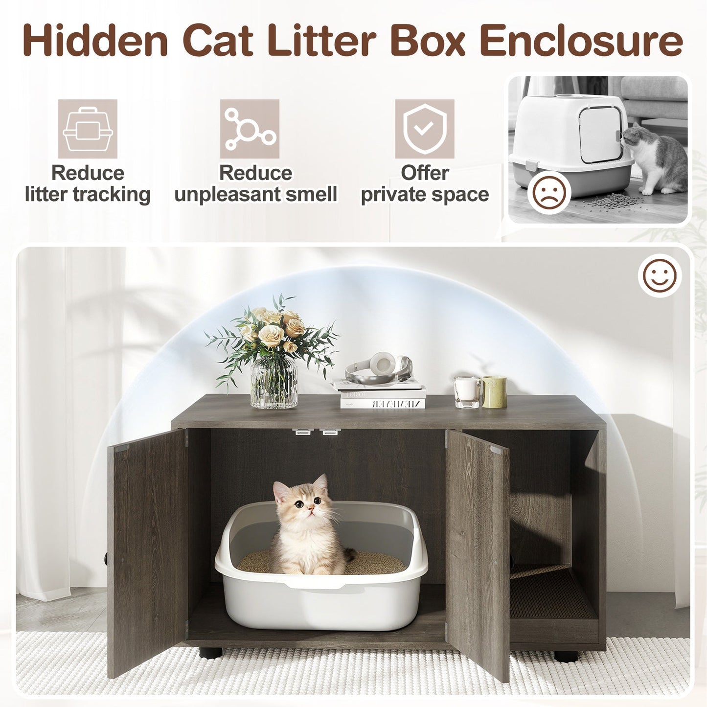Wooden Cat Litter Box Enclosure Hidden Litter Box Furniture with Scratching Board