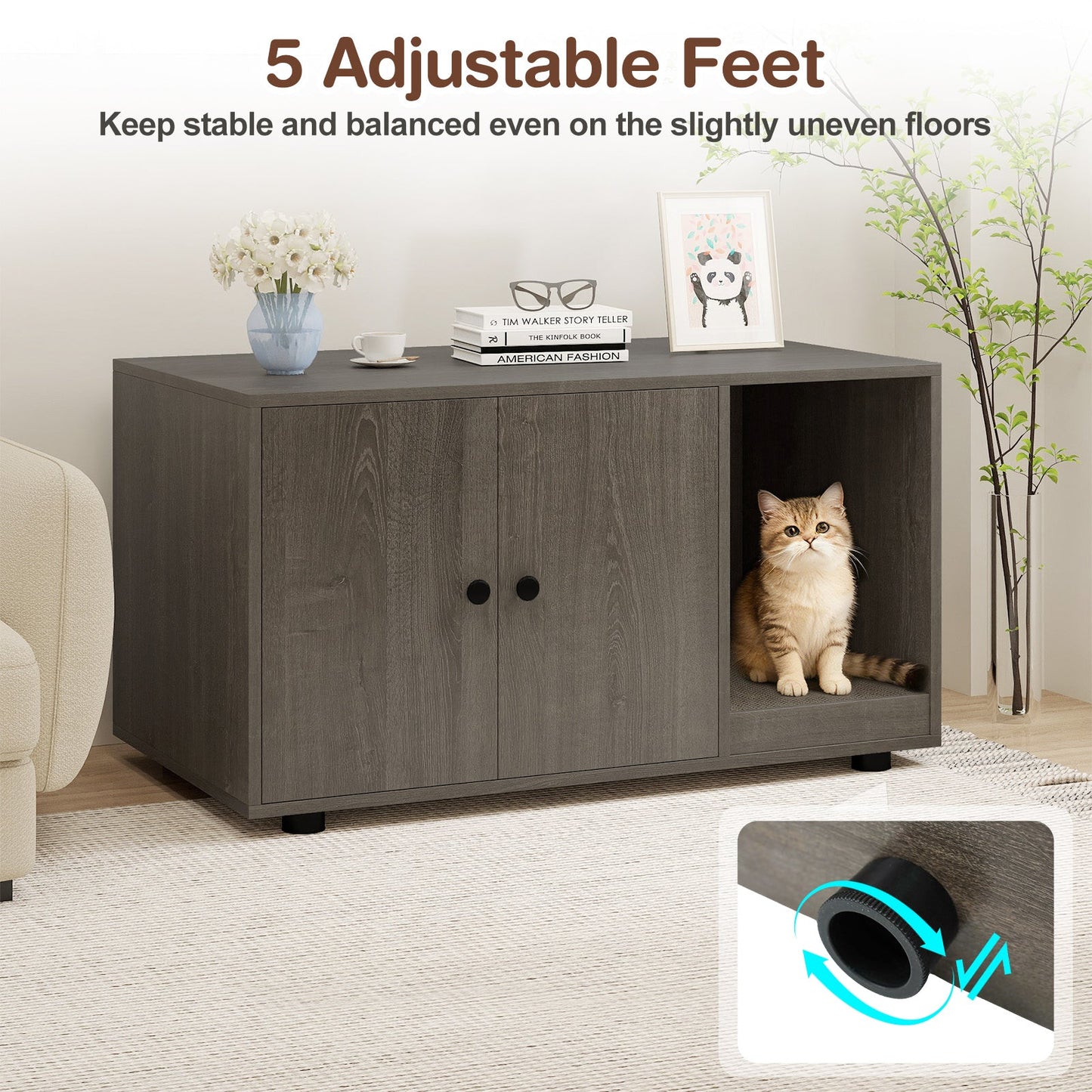 Wooden Cat Litter Box Enclosure Hidden Litter Box Furniture with Scratching Board
