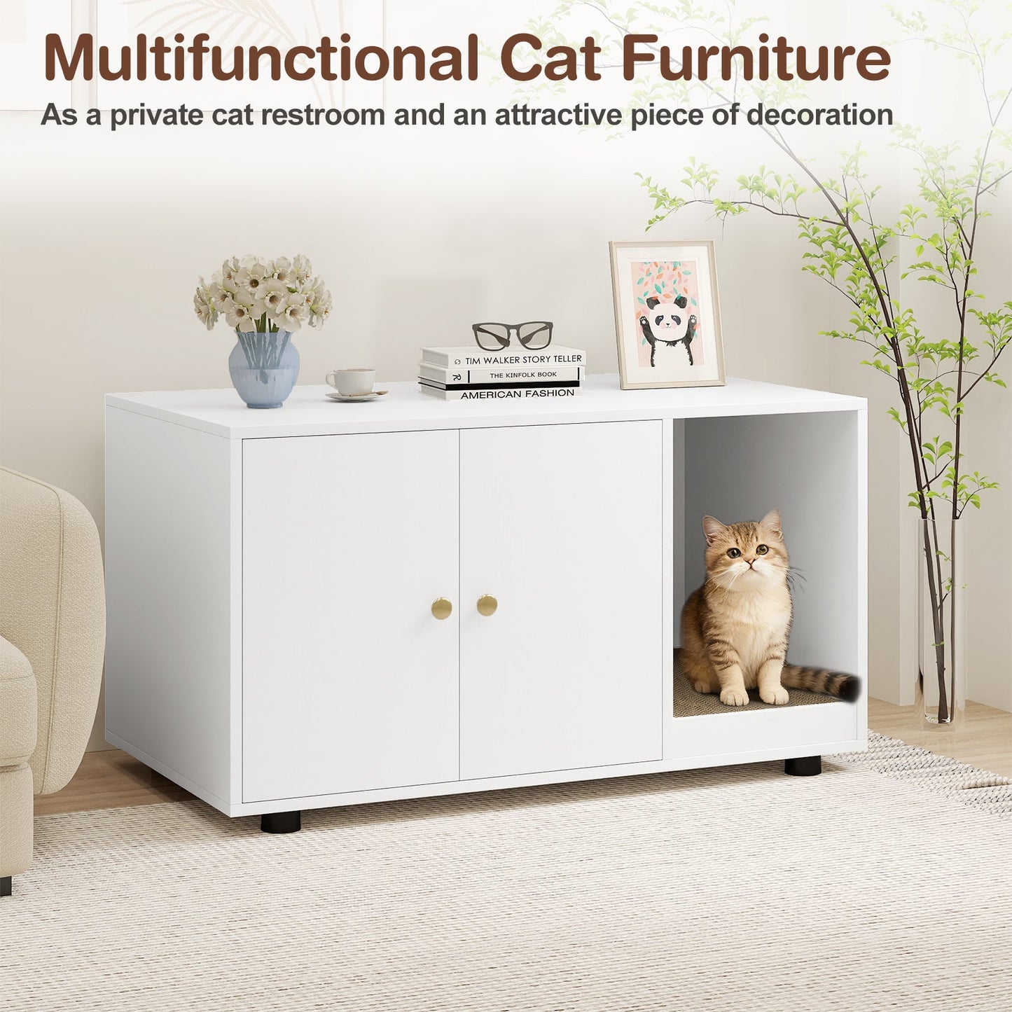 Wooden Cat Litter Box Enclosure Hidden Litter Box Furniture with Scratching Board