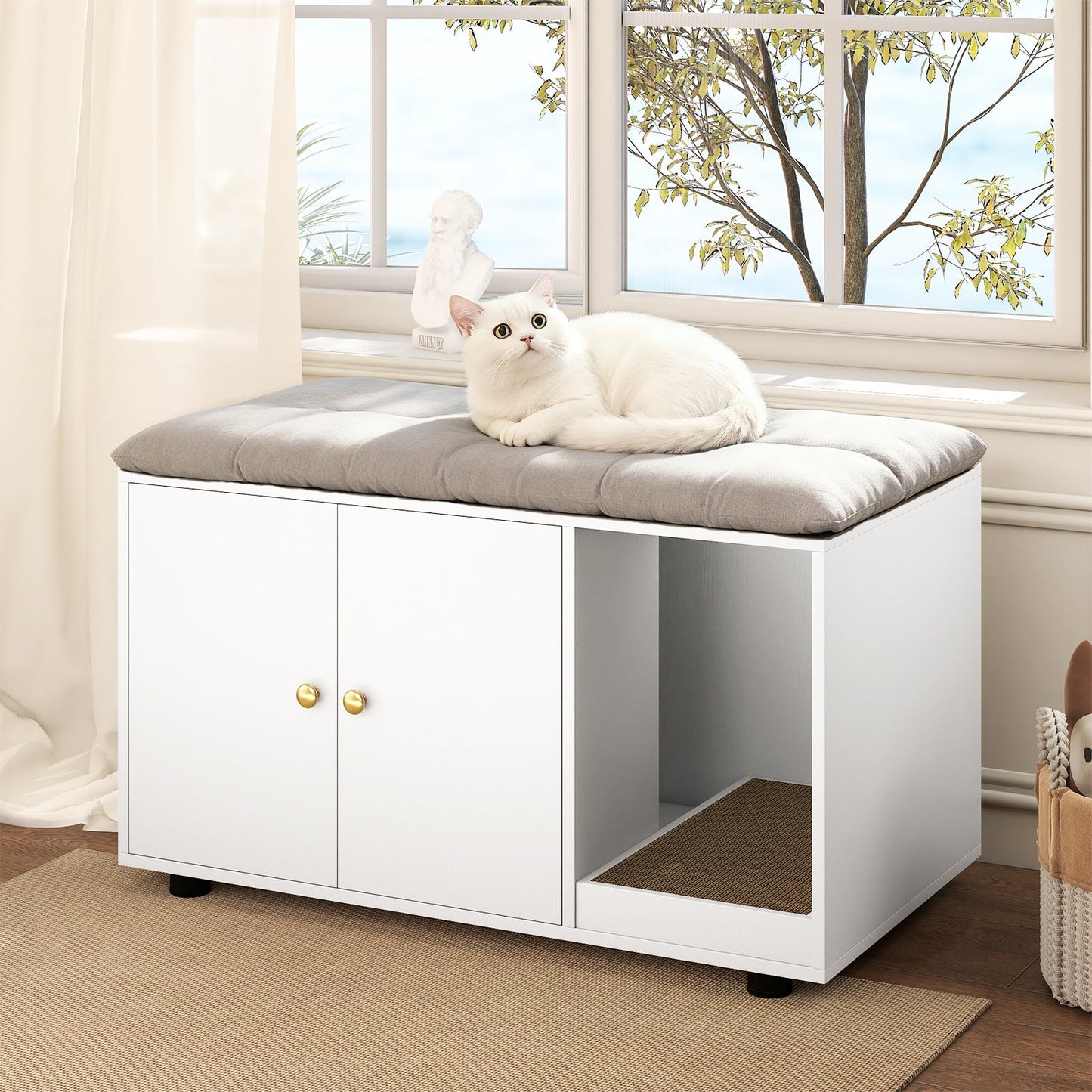 Wooden Cat Litter Box Enclosure Hidden Litter Box Furniture with Scratching Board
