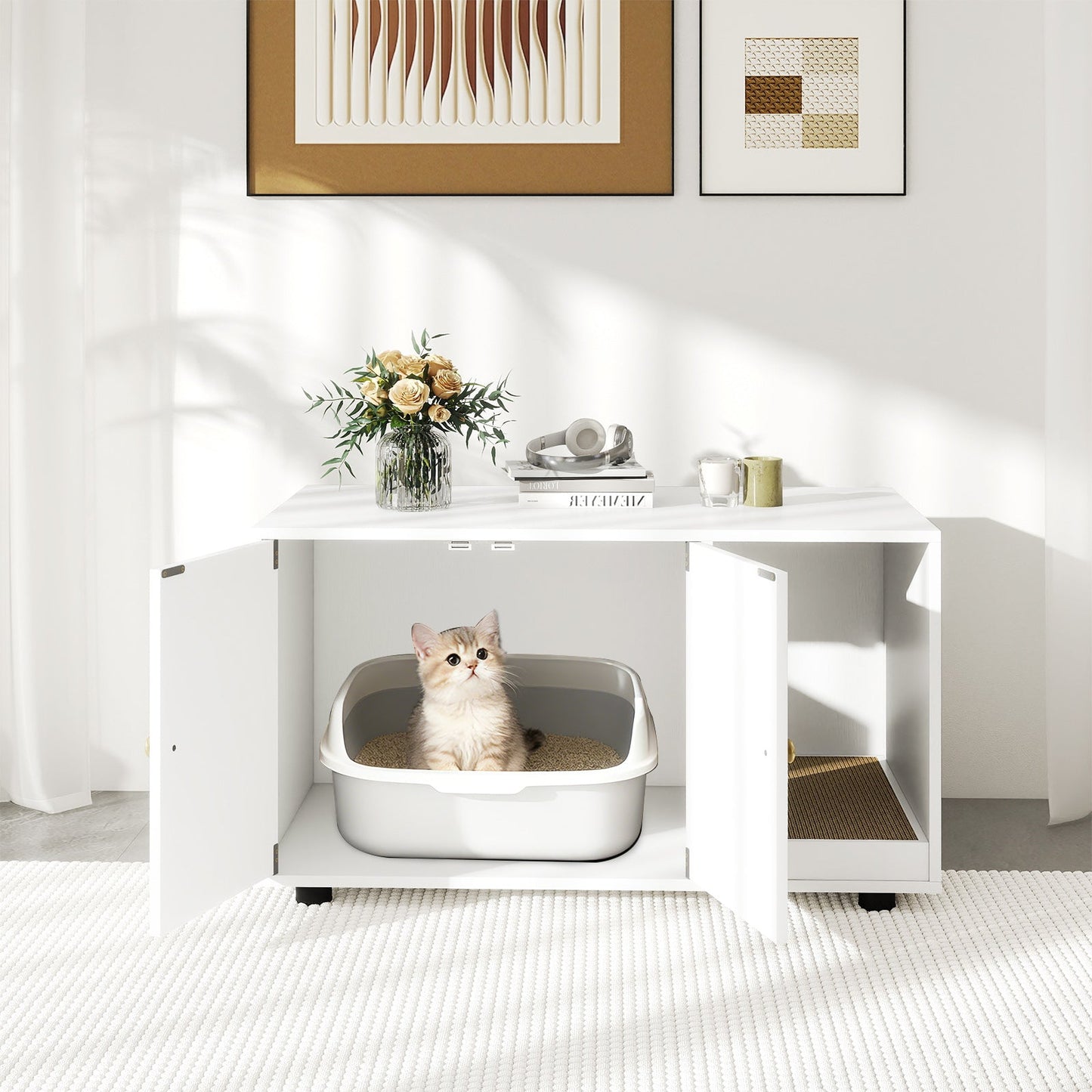 Wooden Cat Litter Box Enclosure Hidden Litter Box Furniture with Scratching Board