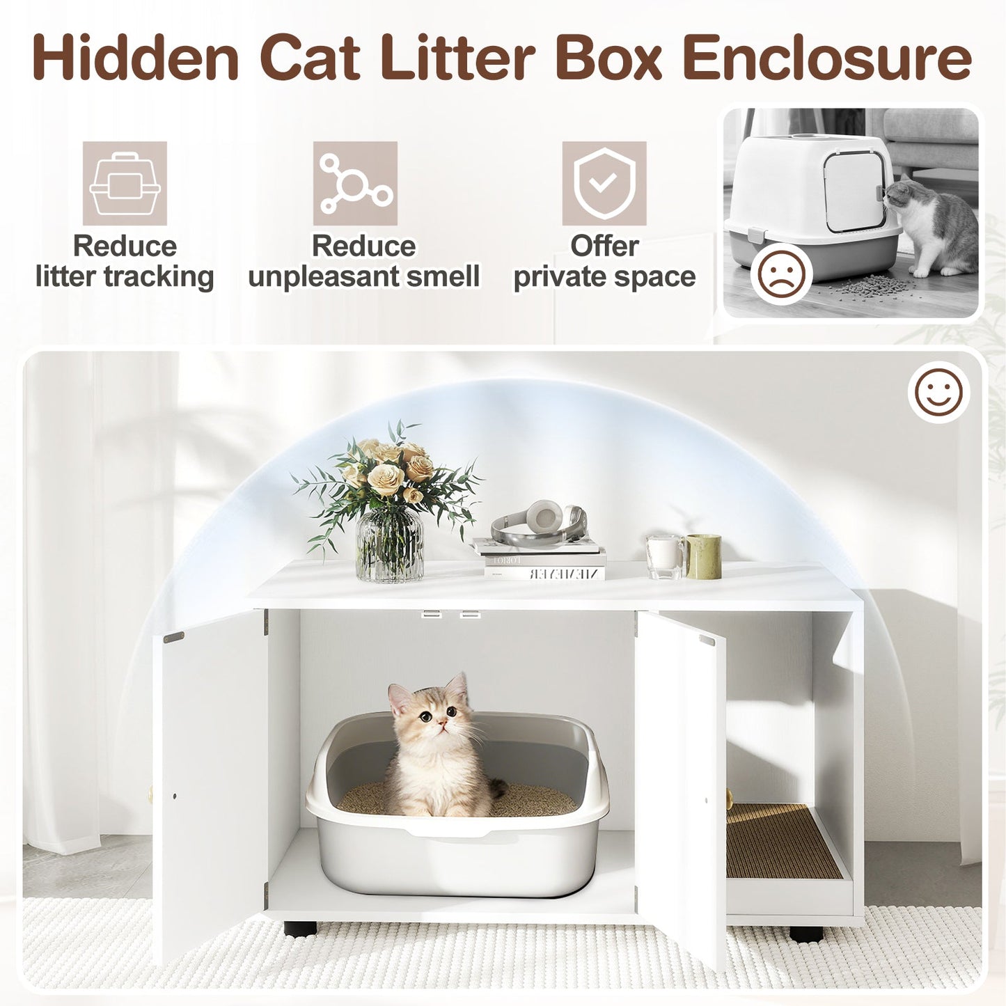 Wooden Cat Litter Box Enclosure Hidden Litter Box Furniture with Scratching Board