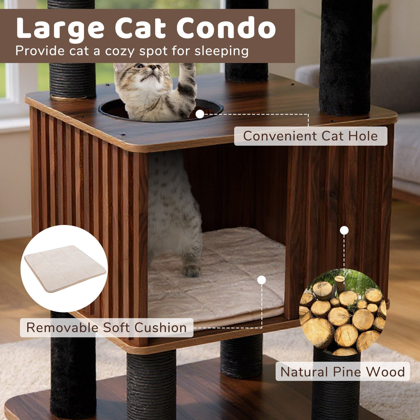 Wooden Cat Tower Top Perch with Soft Padding-Brown