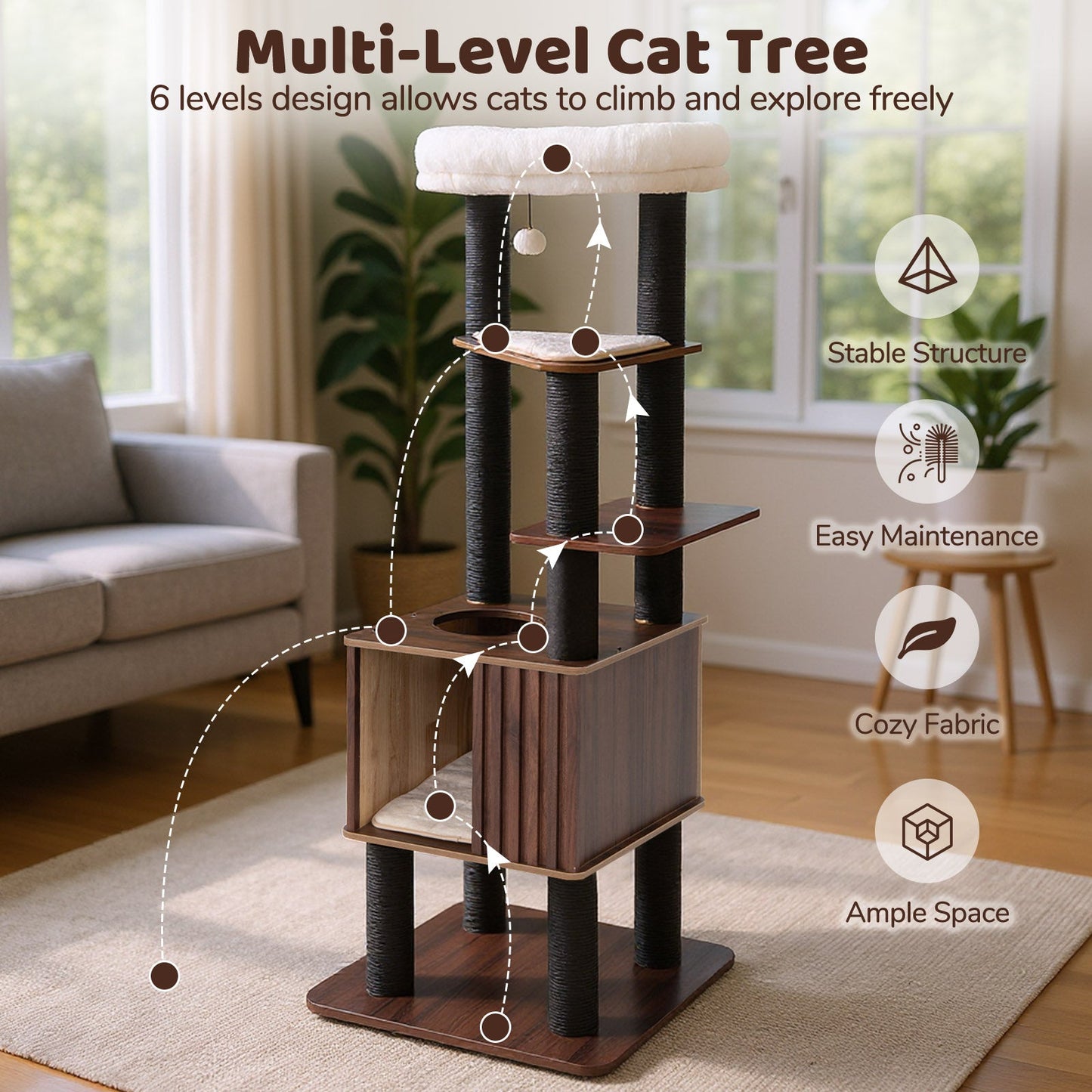 Wooden Cat Tower Top Perch with Soft Padding-Brown